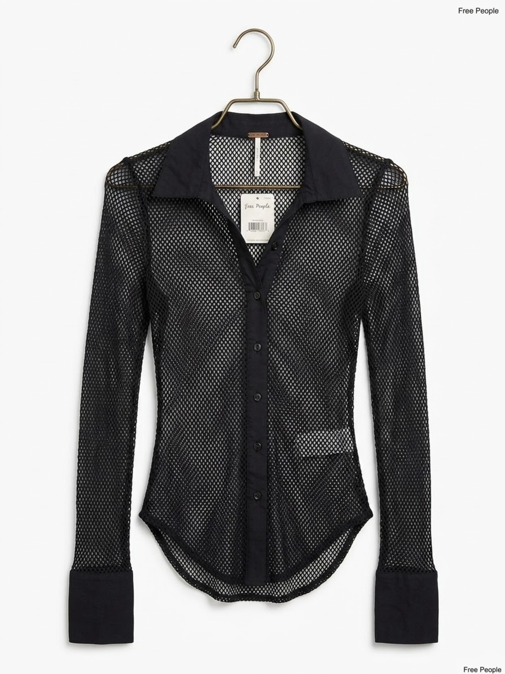 NWT• Free People Siggi Black Mesh Fishnet Button Down Shirt Top XS